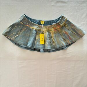 Daisy Pleated Micro Mini Skort Large Gold Metallic Denim Y2K Indie Fairy Grunge